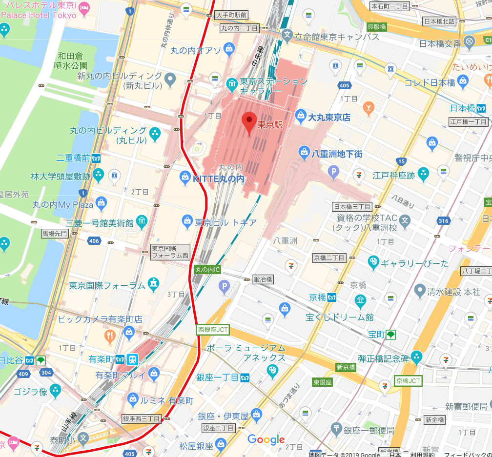 東京駅から有楽町駅の地図